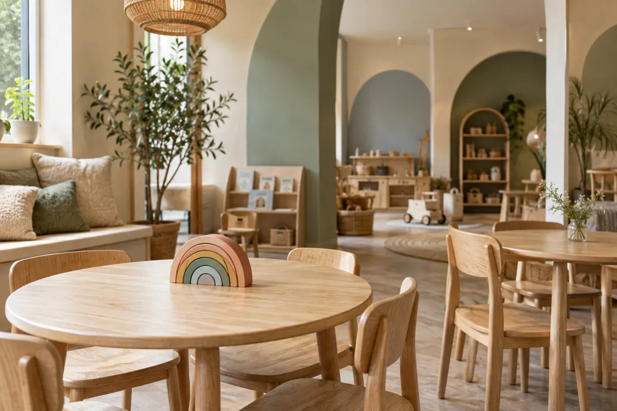 A sunny café with wooden tables, a rainbow toy, plants and sage-coloured seating